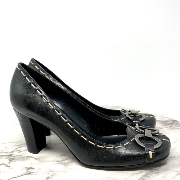 RSVP Collection Contrast Stitch Buckle hardware black leather pumps 9 classic - Picture 2 of 14